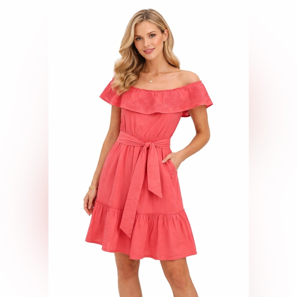 Lauren Ralph Lauren Off The Shoulder Midi Dress 16 Salmon Cottagecore Farmcore